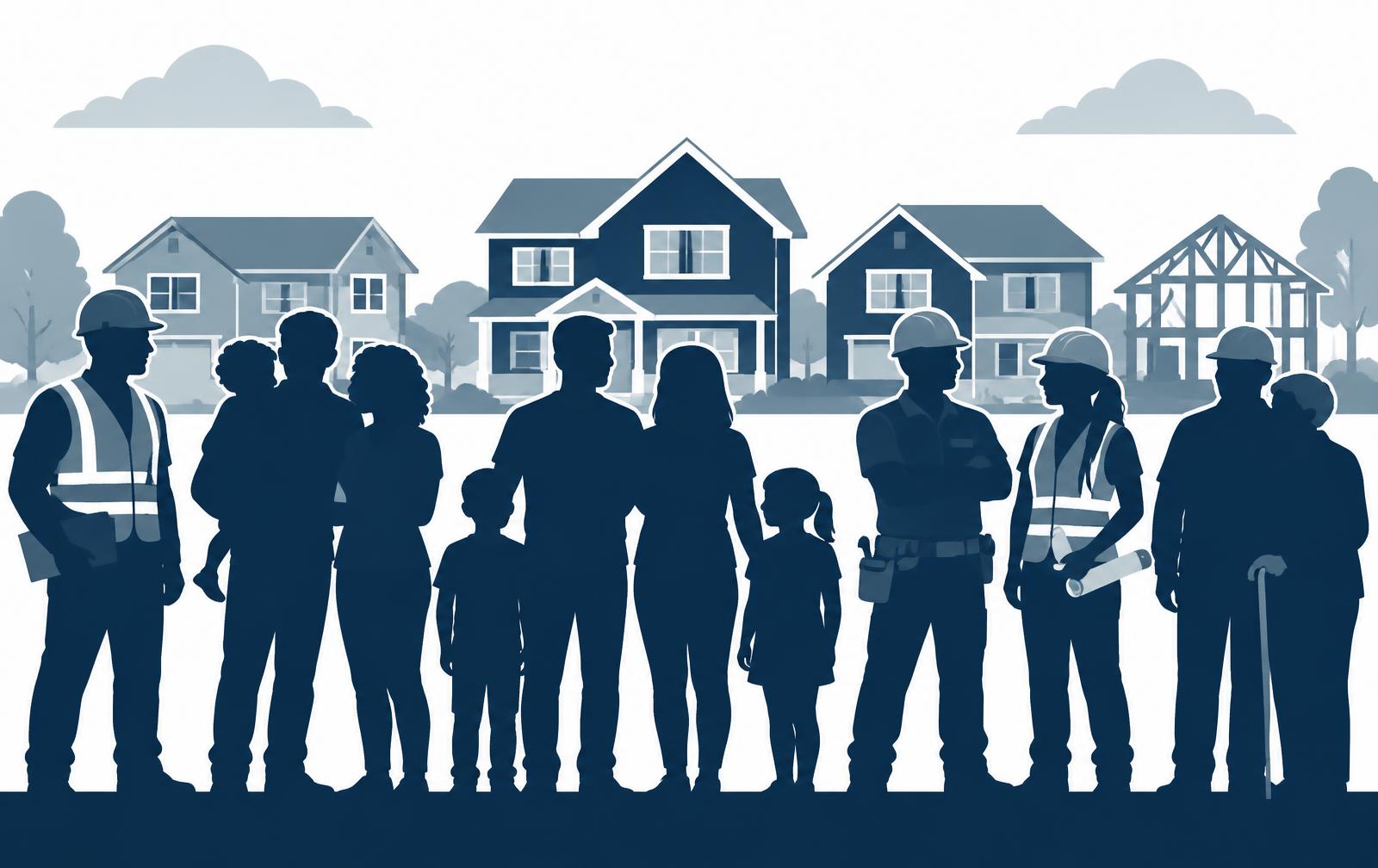 Silhouette of families and builders in front of new homes